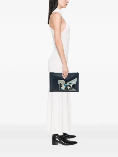 Pre-owned Prada 2013-2026 Saffiano Monkey Robot Clutch Bag In Blue