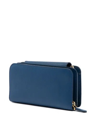 Pre-owned Prada 2013-2026 Saffiano Phone Wallet On Chain Crossbody Bag In Blue
