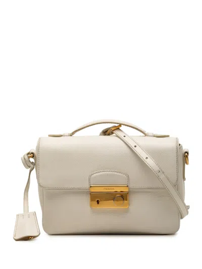 Pre-owned Prada 2013-2026 Saffiano Sound Lock Satchel In White
