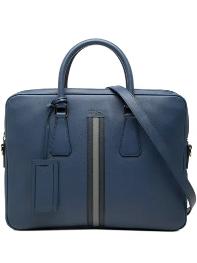 Pre-owned Prada 2013-2026 Saffiano Striped Business Bag In Blue