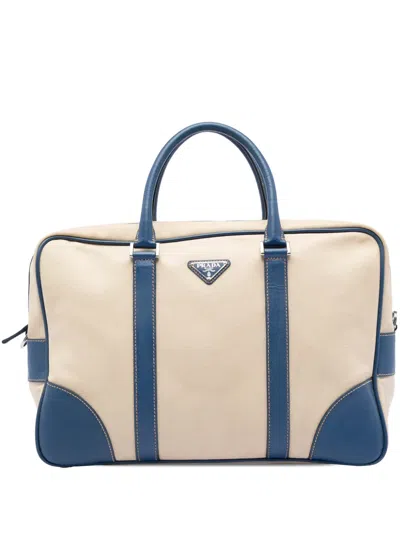 Pre-owned Prada 2013-2026 Saffiano Trimmed Canvas Briefcase Business Bag In Neutrals