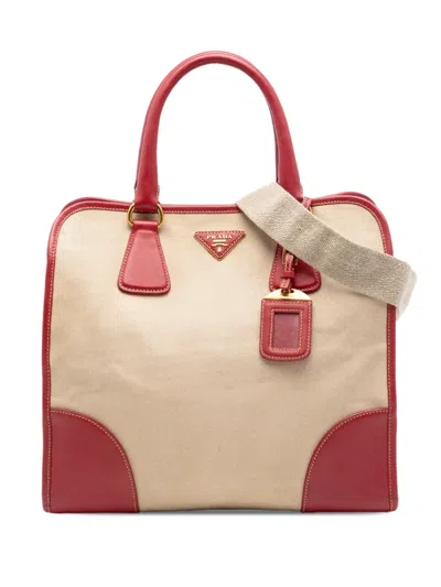 Pre-owned Prada 2013-2026 Saffiano Trimmed Canvas Canapa Satchel In Red