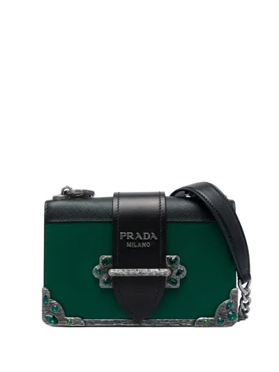Pre-owned Prada 2013-2026 Saffiano Trimmed City Calf Crystal Cahier Crossbody Bag In Black