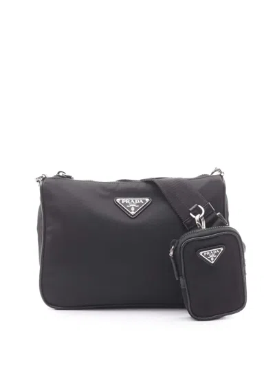 Pre-owned Prada 2013-2026 Saffiano Trimmed Re Nylon Crossbody Bag In Black