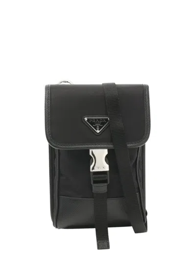 Pre-owned Prada 2013-2026 Saffiano Trimmed Re Nylon Phone Case Crossbody Bag In Black