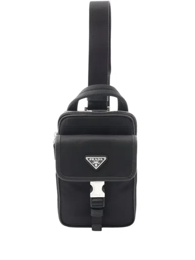 Pre-owned Prada 2013-2026 Saffiano Trimmed Re Nylon Smartphone Case Satchel In Black