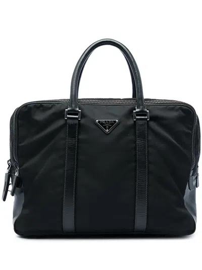 Pre-owned Prada 2013-2026 Saffiano Trimmed Tessuto Business Bag In Black