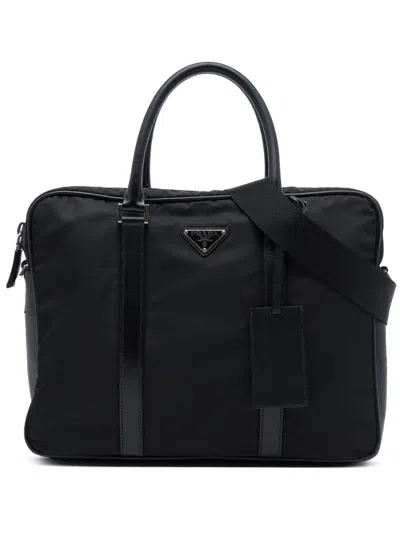 Pre-owned Prada 2013-2026 Saffiano Trimmed Tessuto Business Bag In Black