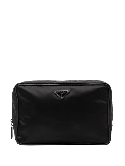 Pre-owned Prada 2013-2026 Saffiano Trimmed Tessuto Clutch Bag In Black