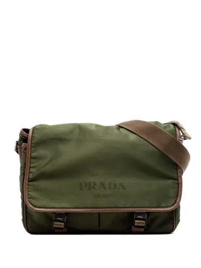 Pre-owned Prada 2013-2026 Saffiano Trimmed Tessuto Double Buckle Messenger Bag Crossbody Bag In Green
