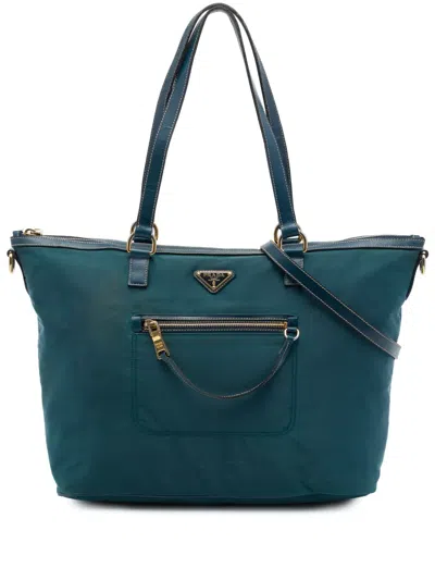 Pre-owned Prada 2013-2026 Saffiano Trimmed Tessuto Front Zip Convertible Tote Satchel In Blue
