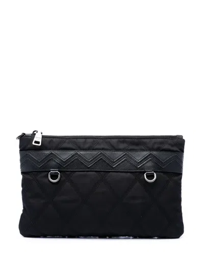 Pre-owned Prada 2013-2026 Saffiano Trimmed Tessuto Impunturato Clutch Bag In Black