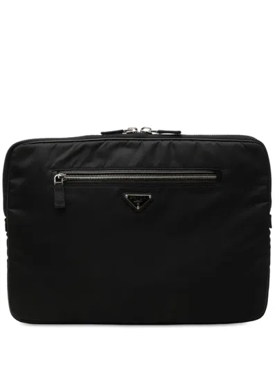 Pre-owned Prada 2013-2026 Saffiano Trimmed Tessuto Laptop Case Clutch Bag In Black