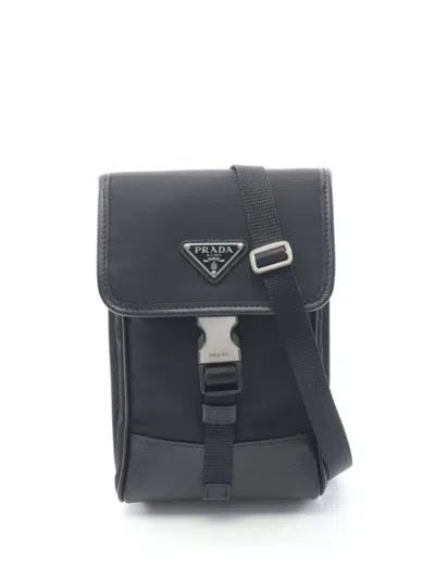 Pre-owned Prada 2013-2026 Saffiano Trimmed Tessuto Phone Holder Crossbody Bag In Black