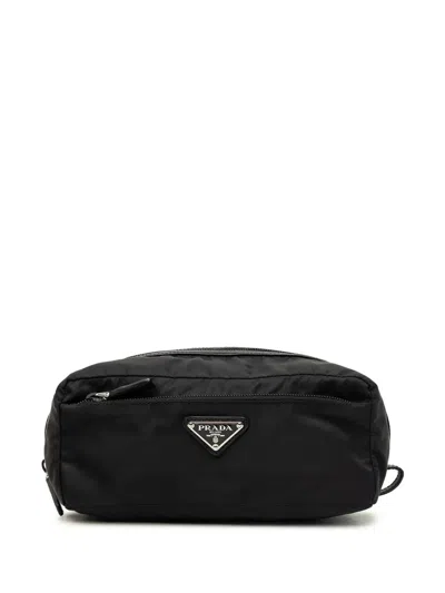 Pre-owned Prada 2013-2026 Saffiano Trimmed Tessuto Pouch In Black