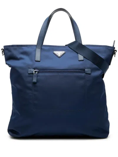 Pre-owned Prada 2013-2026 Saffiano Trimmed Tessuto Satchel In Blue