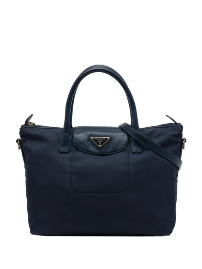 Pre-owned Prada 2013-2026 Saffiano Trimmed Tessuto Satchel In Blue