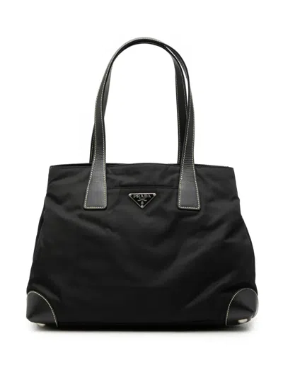 Pre-owned Prada 2013-2026 Saffiano Trimmed Tessuto Shopper Tote Bag In Black