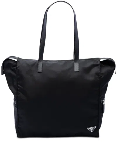 Pre-owned Prada 2013-2026 Saffiano Trimmed Tessuto Tote Bag In Black