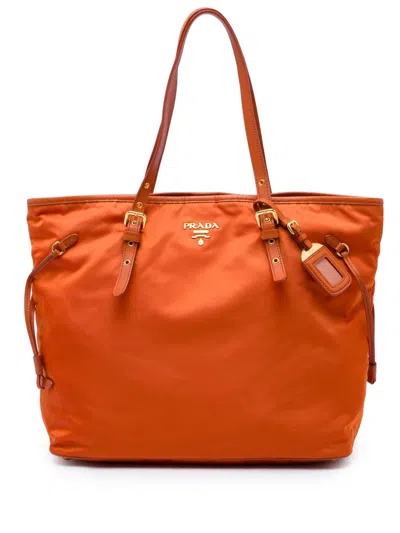 Pre-owned Prada 2013-2026 Saffiano Trimmed Tessuto Tote Bag In Orange