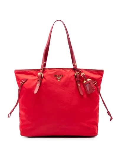 Pre-owned Prada 2013-2026 Saffiano Trimmed Tessuto Tote Bag In Red