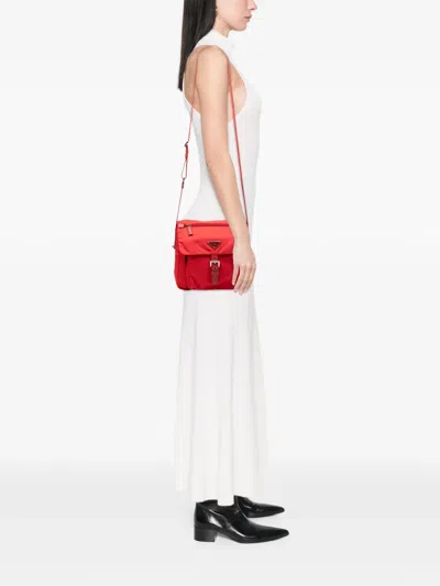 Pre-owned Prada 2013-2026 Saffiano Trimmed Tessuto Zip Buckle Messenger Bag Crossbody Bag In Red