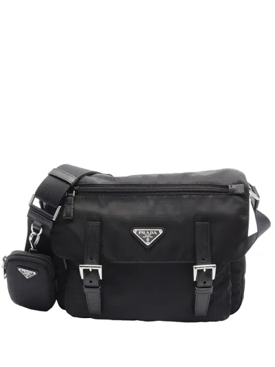 Pre-owned Prada 2013-2026 Saffiano Trimmed Tessuto Zip Double Buckle Messenger Bag Crossbody Bag In Black