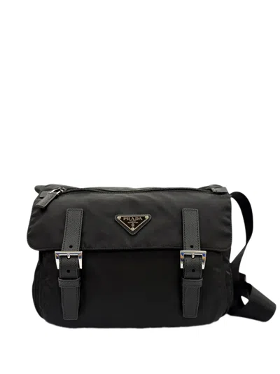 Pre-owned Prada 2013-2026 Saffiano Trimmed Tessuto Zip Double Buckle Messenger Bag Crossbody Bag In Black