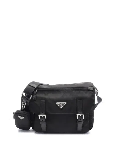 Pre-owned Prada 2013-2026 Saffiano Trimmed Tessuto Zip Double Buckle Messenger Bag Crossbody Bag In Black