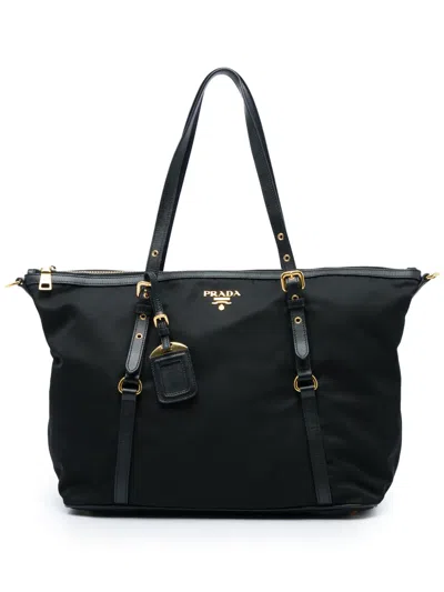 Pre-owned Prada 2013-2026 Saffiano Trimmed Tessuto Zip Top Convertible Tote Satchel In Black