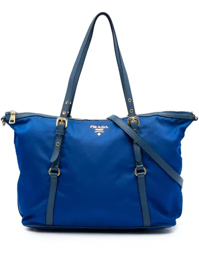 Pre-owned Prada 2013-2026 Saffiano Trimmed Tessuto Zip Top Convertible Tote Satchel In Blue