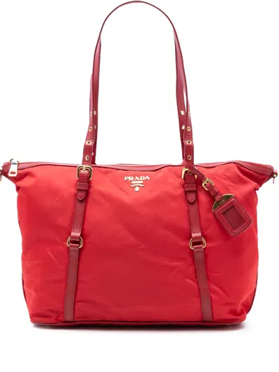 Pre-owned Prada 2013-2026 Saffiano Trimmed Tessuto Zip Top Convertible Tote Satchel In Red