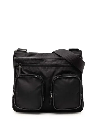 Pre-owned Prada 2013-2026 Saffiano Trimmed Tessuto Zip Top Crossbody Bag In Black