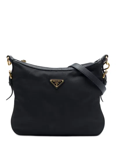 Pre-owned Prada 2013-2026 Saffiano Trimmed Tessuto Zip Top Crossbody Bag In Black