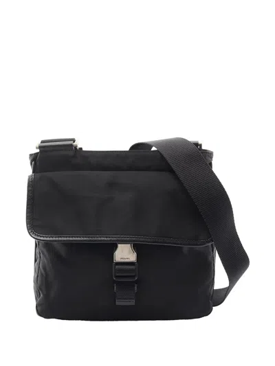 Pre-owned Prada 2013-2026 Saffiano Trimmed Tessuto Zip Top Crossbody Bag In Black