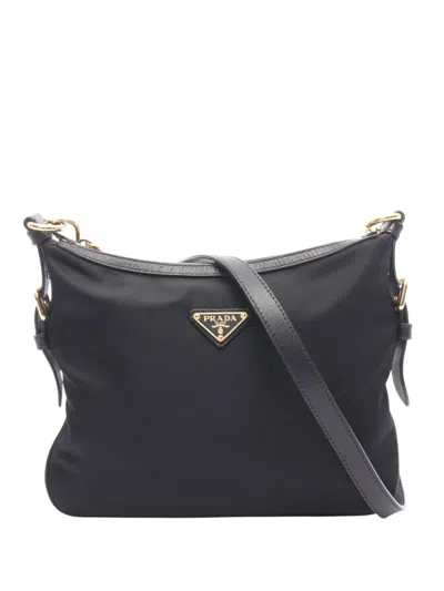 Pre-owned Prada 2013-2026 Saffiano Trimmed Tessuto Zip Top Crossbody Bag In Black