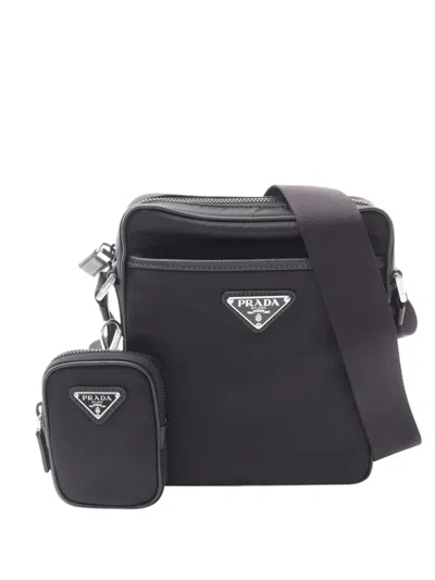 Pre-owned Prada 2013-2026 Saffiano Trimmed Tessuto Zip Top Crossbody Bag In Black
