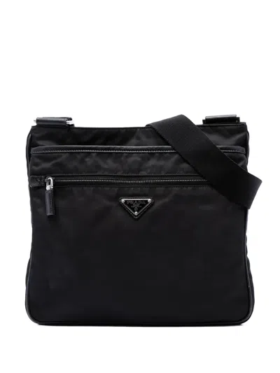 Pre-owned Prada 2013-2026 Saffiano Trimmed Tessuto Zip Top Crossbody Bag In Black