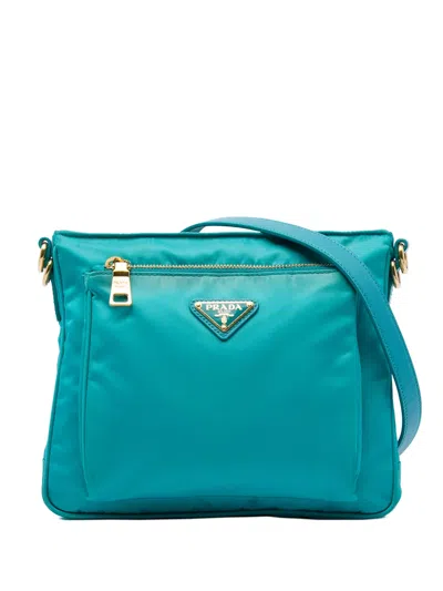 Pre-owned Prada 2013-2026 Saffiano Trimmed Tessuto Zip Top Crossbody Bag In Blue
