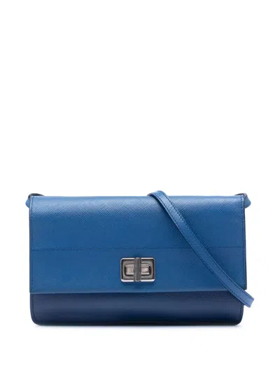 Pre-owned Prada 2013-2026 Saffiano Turn Lock Wallet On Strap Crossbody Bag In Blue