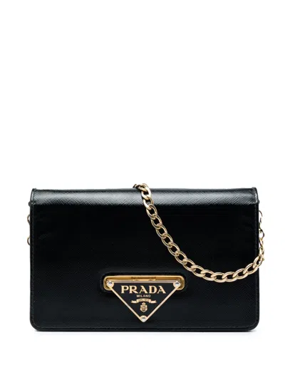 Pre-owned Prada 2013-2026 Saffiano Vernice Flip Lock Wallet On Chain Clutch Crossbody Bag In Black