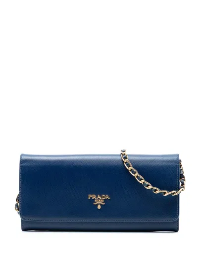 Pre-owned Prada 2013-2026 Saffiano Wallet On Chain Crossbody Bag In Blue