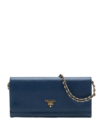 Pre-owned Prada 2013-2026 Saffiano Wallet On Chain Crossbody Bag In Blue