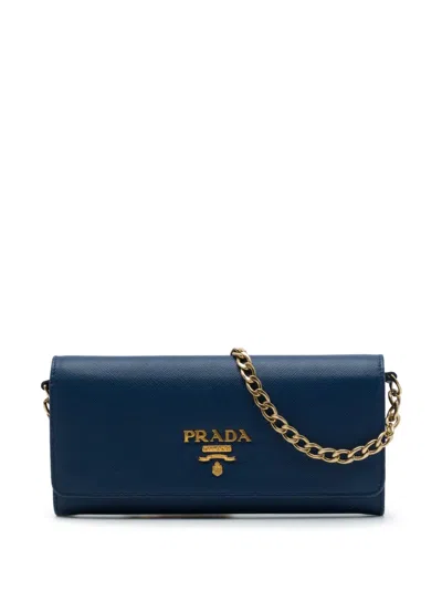 Pre-owned Prada 2013-2026 Saffiano Wallet On Chain Crossbody Bag In Blue