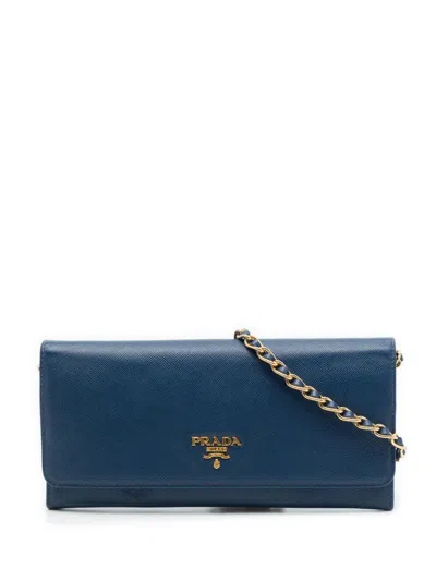 Pre-owned Prada 2013-2026 Saffiano Wallet On Chain Crossbody Bag In Blue