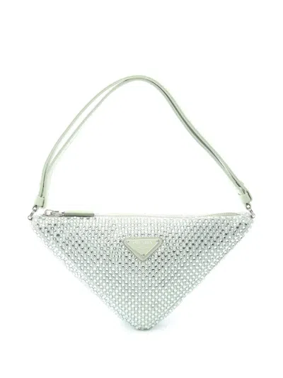 Pre-owned Prada 2013-2026 Satin Crystal Triangle Logo Shoulder Bag In Green