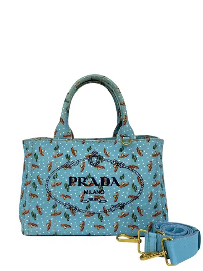 Pre-owned Prada 2013-2026 Small Canvas Canapa Logo Sombrero Tote Satchel In Blue