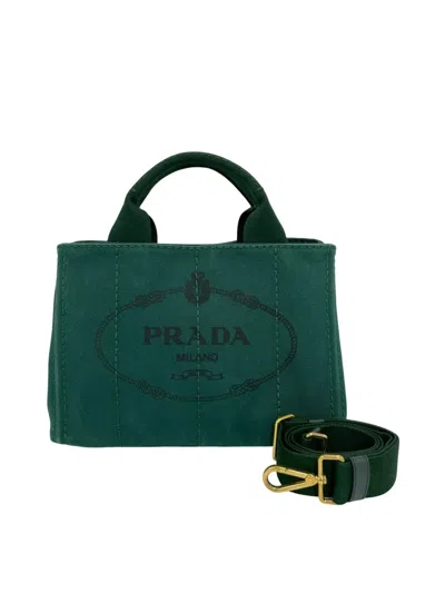 Pre-owned Prada 2013-2026 Small Canvas Canapa Logo Tote Satchel In Green