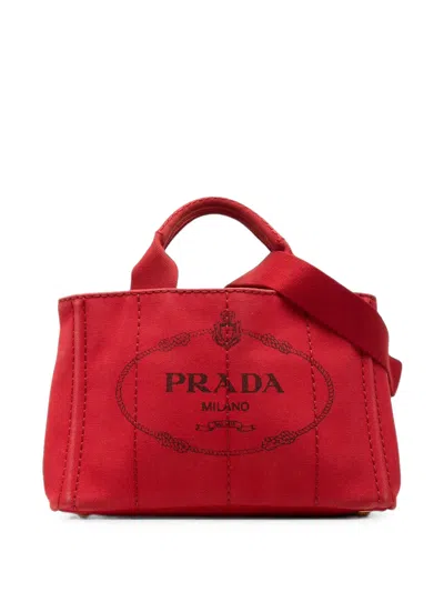 Pre-owned Prada 2013-2026 Small Canvas Canapa Logo Tote Satchel In Red