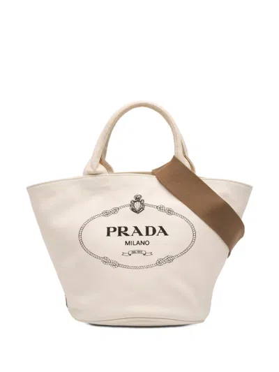 Pre-owned Prada 2013-2026 Small Canvas Canapa Shopping Tote Satchel In White